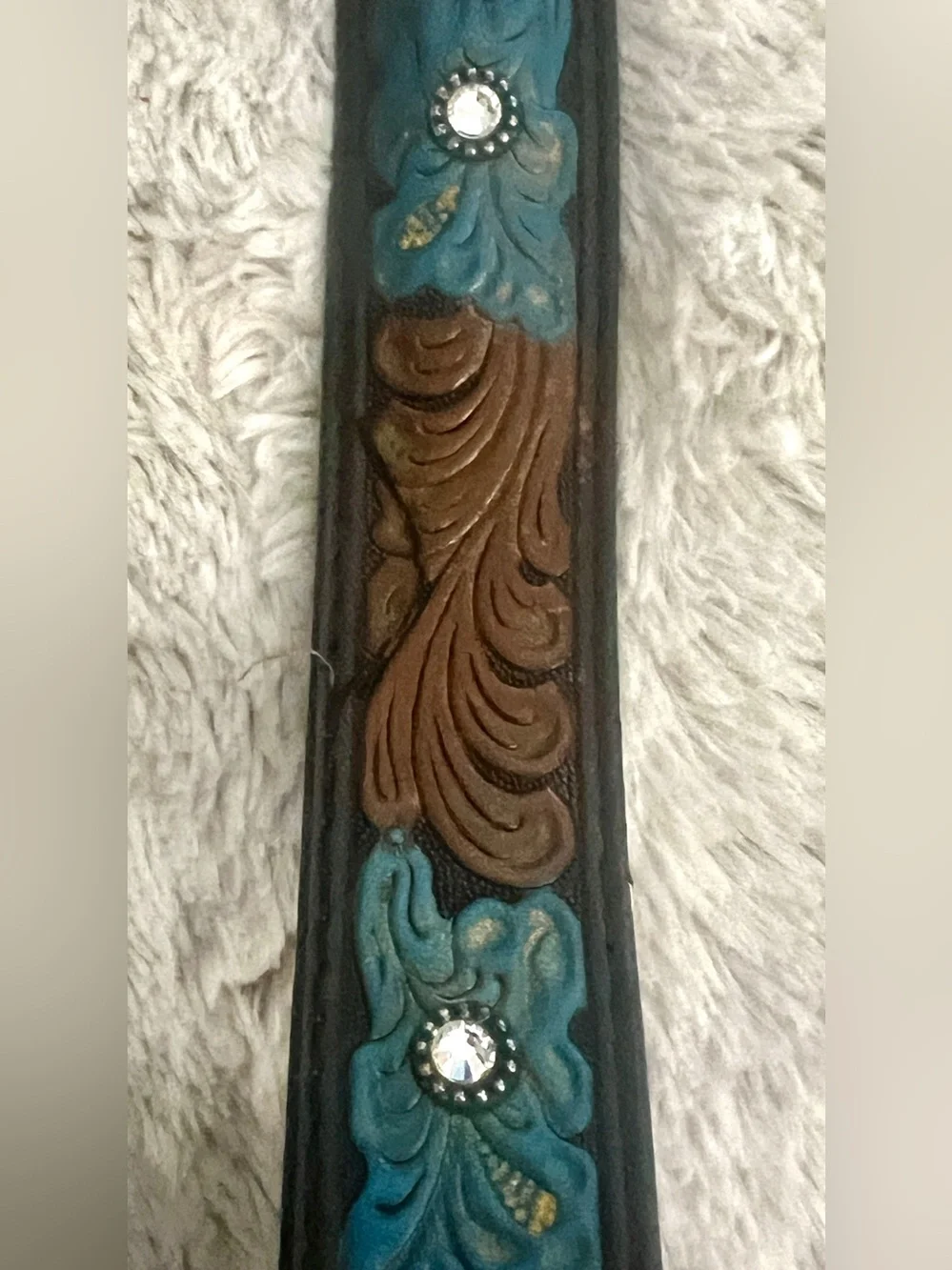 Vintage XCargo Tooled Leather Western Belt with Turquoise Accent & Rhinestones
